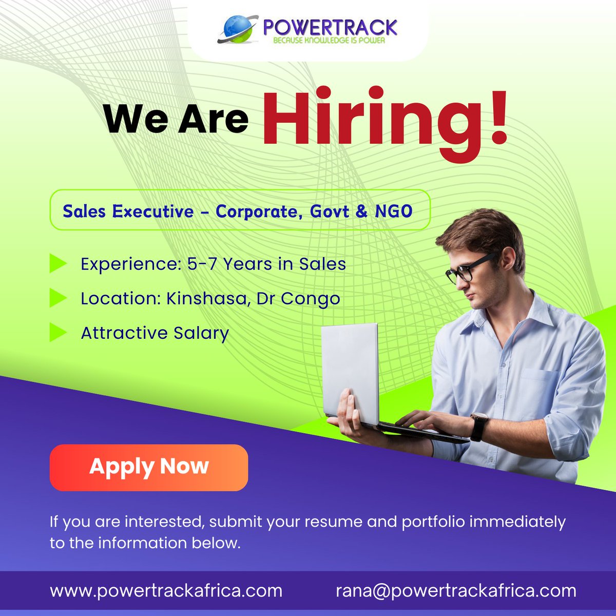 PowerTrack_'s tweet photo. Join our team!🚀
Powertrack Africa is hiring a Sales Executive in Kinshasa.

Know more: https://t.co/TI2tlgcgC9 

Apply now! - rana@powertrackafrica.com

#Powertrack
#PowertrackAfrica #InventoryExecutive #JobOpening #KinshasaJobs #Careers #Fleet #FleetManagement #HIRINGNOW https://t.co/Snugs1oX0V