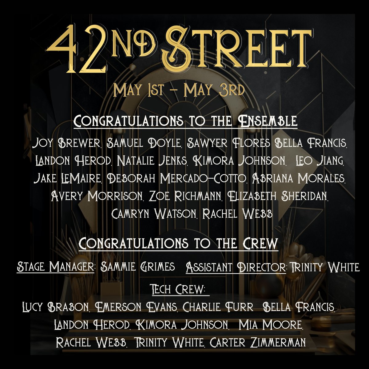GraceTylerGCS's tweet photo. ✨ We are so excited to announce that the 2025 GCS spring musical is 42nd Street! 🎭 Huge congrats to the talented cast and crew who will bring this iconic production to life. Save the dates: May 1st through the 3rd—you won’t want to miss this dazzling show! 🌟 https://t.co/UYueUMd0BN