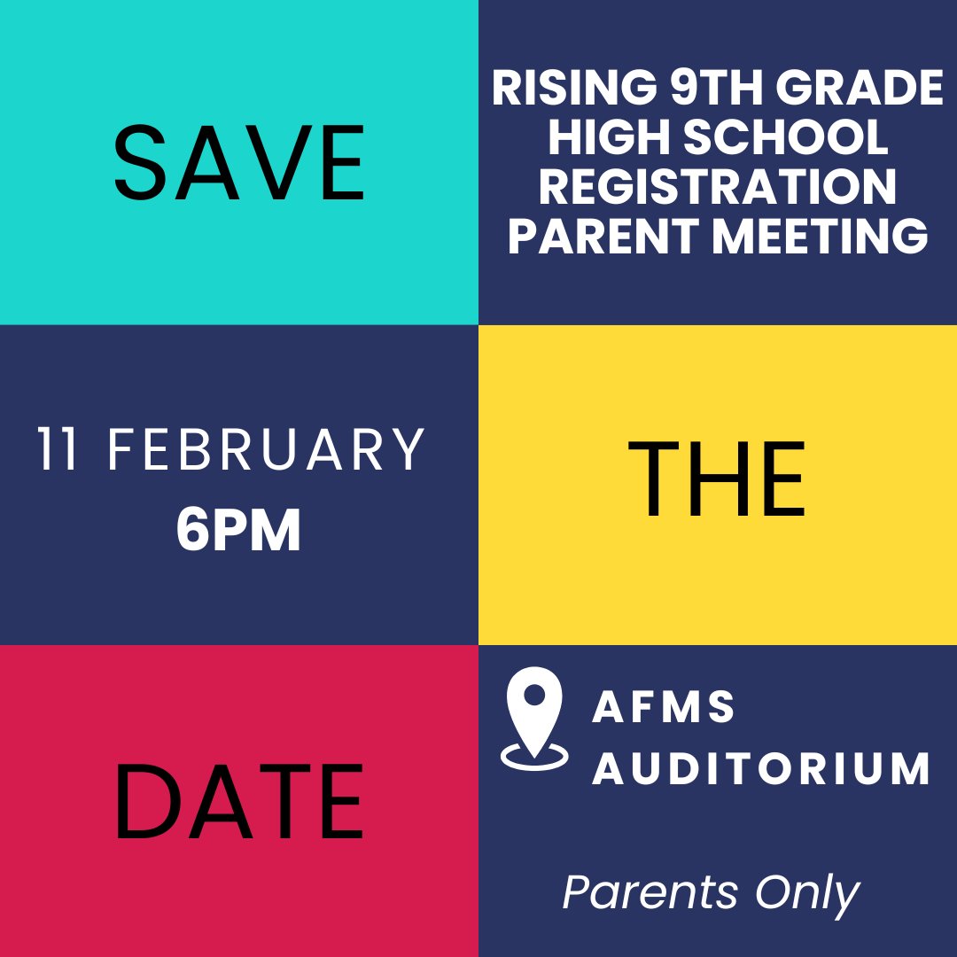 AFMSStudentServ's tweet image. 📢Rising 9th Grade Parents!📢 Please save the date! 🗓️Also check out the info we have on the Student Services website. 🔗in profile.