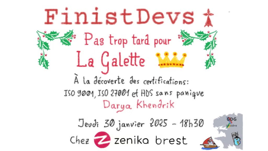 📅 FinistDevs – Jeudi 30 janvier à 18h30, dans les locaux de <a href="/ZenikaBrest/">Zenika Brest</a> !
🎤 <a href="/DKhendrik/">Darya KHENDRIK 🇺🇦</a> de <a href="/clever_cloudFR/">Clever Cloud FR</a>  - À la découverte des certifications : ISO 9001, ISO 27001 et HDS... sans panique 🚀
✨ Un 2e talk à venir... et de la galette des rois 👑
👉 meetup.com/finistdevs/eve…