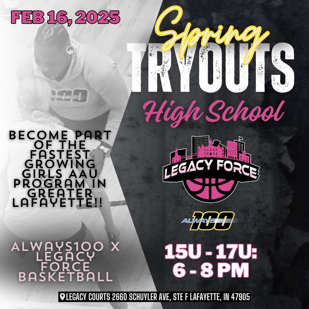 Legacy Courts- Boys and Girls AAU⛹️♂️⛹🏼♀️ (@legacycourts) on Twitter photo Legacy Force Girls AAU Basketball tryout!
legacycourts.leagueapps.com/clubteams/4281…
⛹️♀️High School⛹️♀️
15U - Feb 16th 6-8pm
16U - Feb 16th 6-8pm
17U - Feb 16th 6-8pm
⛹️♀️E and MS⛹️♀️
3/4/5 - Jan 31st - 6-7:30pm
6/7/8- Feb 7th- 6-7:30pm
Legacy Courts, 2660 Schuyler Ave, Lafayette IN
#LegacyMovement Legacy Force Girls AAU Basketball tryout!
legacycourts.leagueapps.com/clubteams/4281…
⛹️♀️High School⛹️♀️
15U - Feb 16th 6-8pm
16U - Feb 16th 6-8pm
17U - Feb 16th 6-8pm
⛹️♀️E and MS⛹️♀️
3/4/5 - Jan 31st - 6-7:30pm
6/7/8- Feb 7th- 6-7:30pm
Legacy Courts, 2660 Schuyler Ave, Lafayette IN
#LegacyMovement