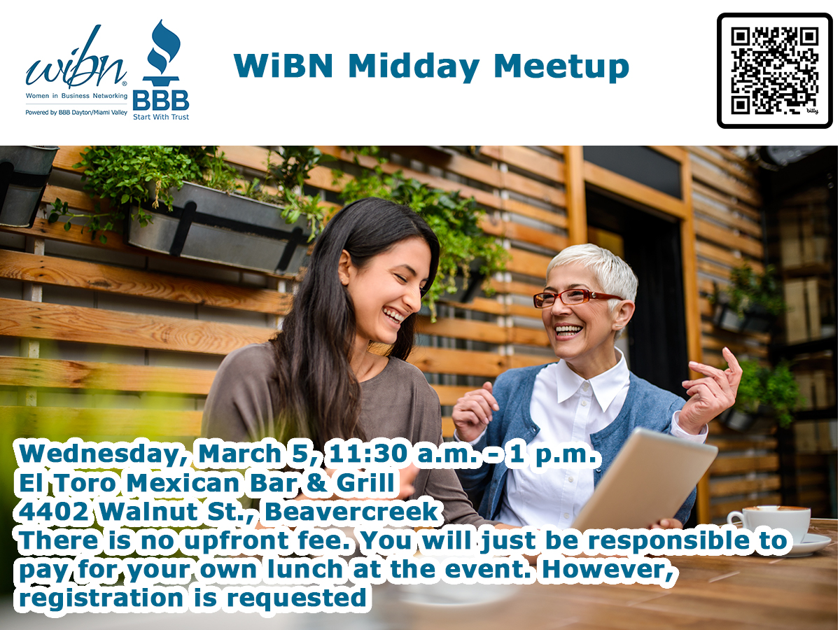 In 2025, we are trying something new. We are hosting quarterly midday meetups at area restaurants. This is just a casual opportunity to get together with fellow WiBN members.

Register at the link below. 
cognitoforms.com/BBBForms/WiBNM… 

#BBBDayton #WiBN