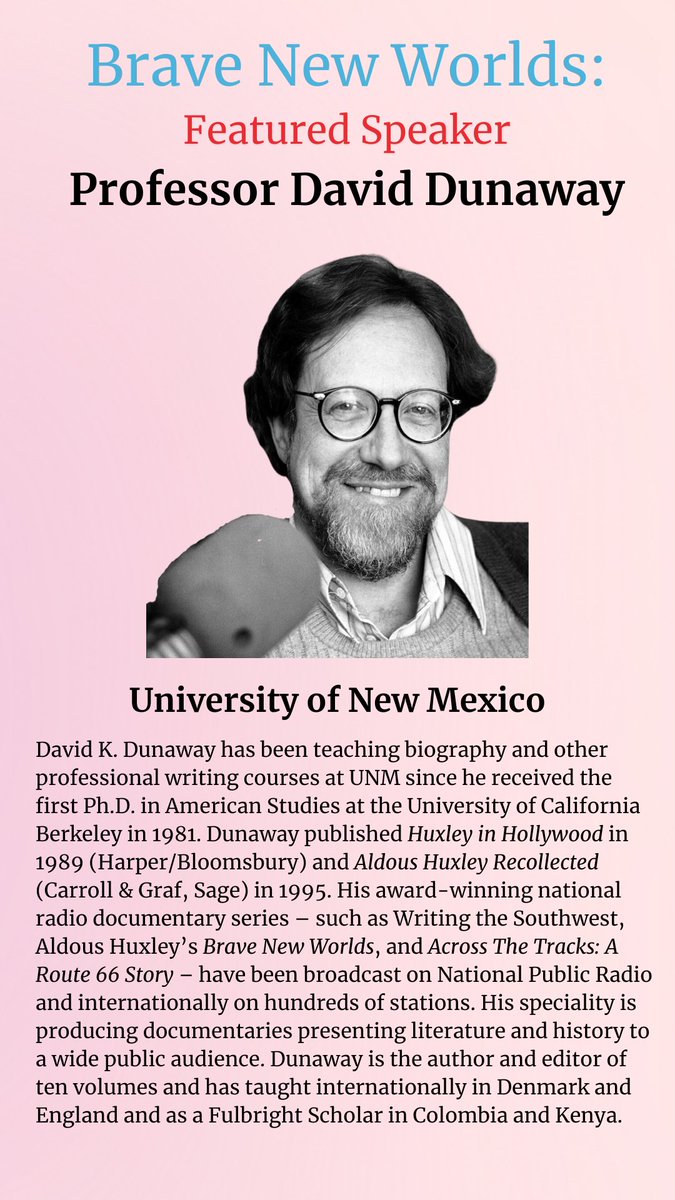 🤯 It's time to announce the next featured speaker in Zürich for Brave New Worlds!💥

On 7 February David Dunaway will present:

💌 "Huxley, Heard and O’Brien: Literary Correspondence” 🕰 

#aldoushuxley #flannobrien #zurichevents
