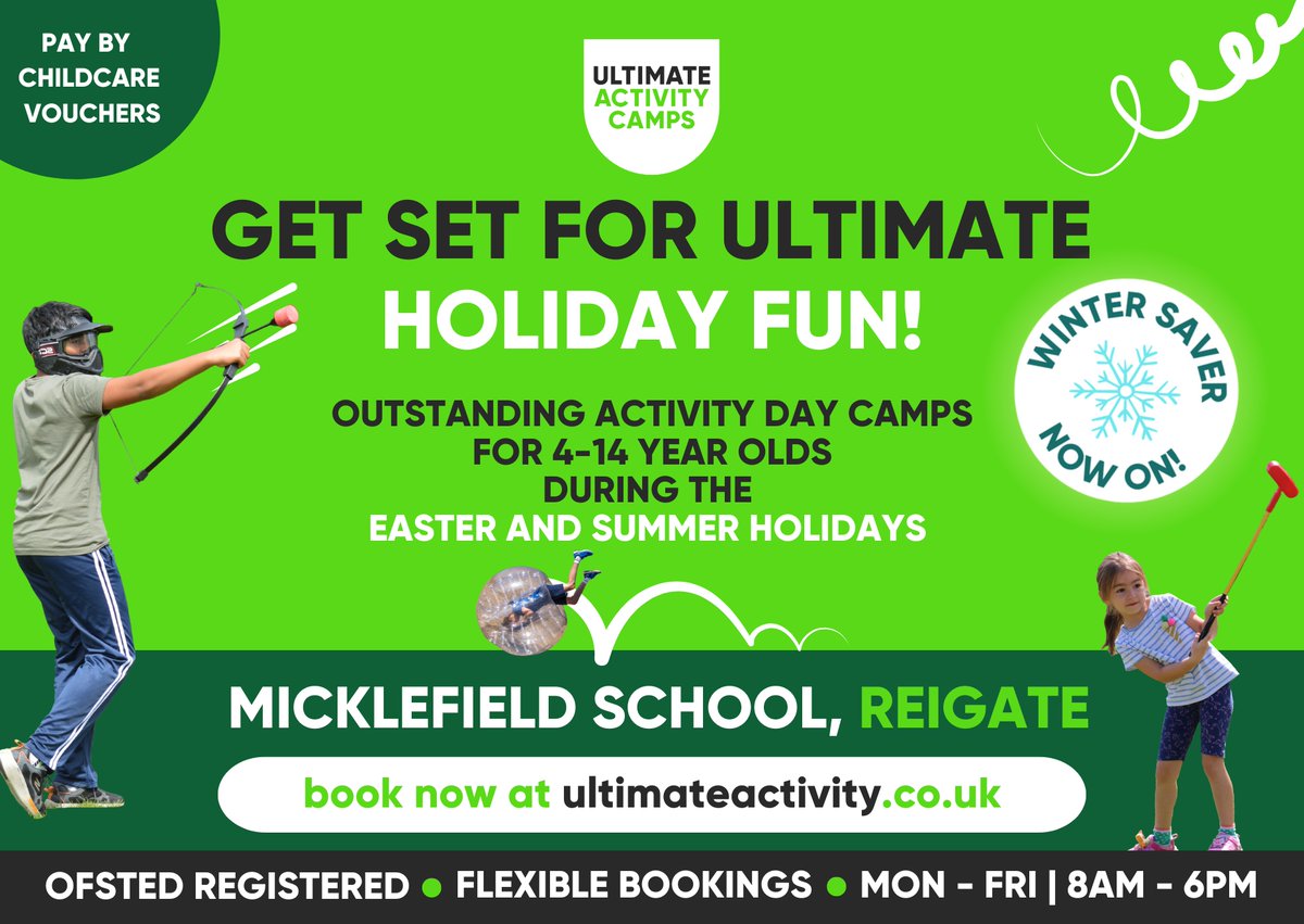 Ultimate Activity Camps (@ult_activity) on Twitter photo ⏰Our Winter Saver ends TONIGHT!⏰
Ultimate Activity Camps are returning to
<a href="/MicklefieldPrep/">Micklefield School Reigate</a> this Easter & Summer! 🤸🤸♂️
Children aged 4-14 can make new friends and enjoy over 40 sports, games, and creative activities each week. Book now to save👉bit.ly/4cFIVEy ⏰Our Winter Saver ends TONIGHT!⏰
Ultimate Activity Camps are returning to
<a href="/MicklefieldPrep/">Micklefield School Reigate</a> this Easter & Summer! 🤸🤸♂️
Children aged 4-14 can make new friends and enjoy over 40 sports, games, and creative activities each week. Book now to save👉bit.ly/4cFIVEy
