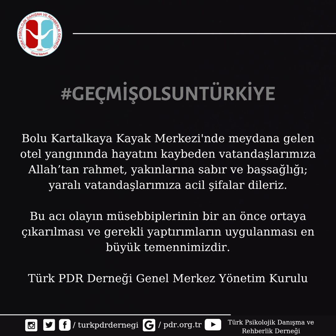 Bolu Kartalkaya Kayak Merkezi'nde meydana gelen otel yangınında hayatını kaybeden vatandaşlarımıza Allah’tan rahmet, yakınlarına sabır ve başsağlığı; yaralı vatandaşlarımıza acil şifalar dileriz.

Bu acı olayın müsebbiplerinin bir an önce ortaya çıkarılması ve gerekli