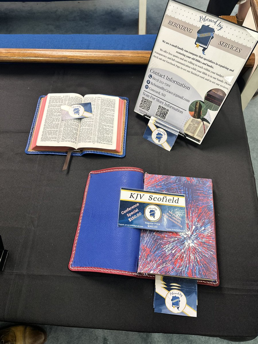 Preparations are complete! Our inaugural display is open at Landmark Baptist Church in Haynes City, FL. If you are nearby and would like to drop by, we are offering the featured Scofield rebind from our page for $150.00, a very attractive price for a premium leather rebind