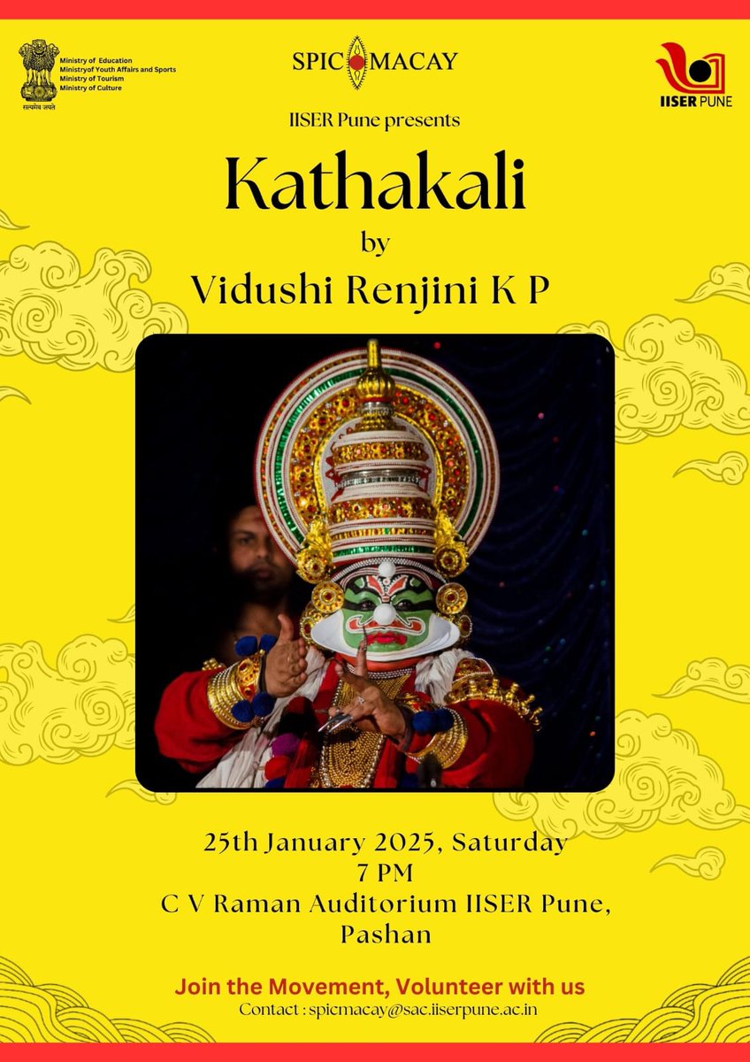 spicmacayiiserp's tweet photo. Greetings everyone!
SPICMACAY Pune chapter presents to you a Kathakali performance by Adv. Renjini Suresh and her troupe.

Date: Saturday, January 25th 2025
Time: 7 pm onwards
Venue: CV Raman Auditorium

The concert is free and open to all. We earnestly hope to see you! https://t.co/724j6yyk5C