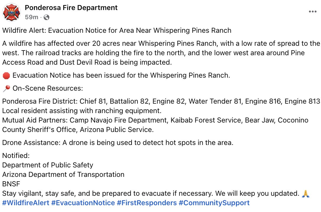 Fire officials are urging residents near the Whispering Pines Ranch area west of Bellemont to prepare for a possible evacuation due to a nearby wildfire.