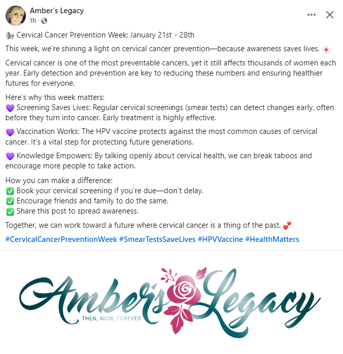 It's cervical cancer awareness week this week

If you have a story to share in relation to cervical cancer, please get in touch

#CervicalCancerAwareness #cervicalcancerawareness #cervicalcancerprevention #CervicalCancerAwarenessMonth #smeartests #smeartestsavelives