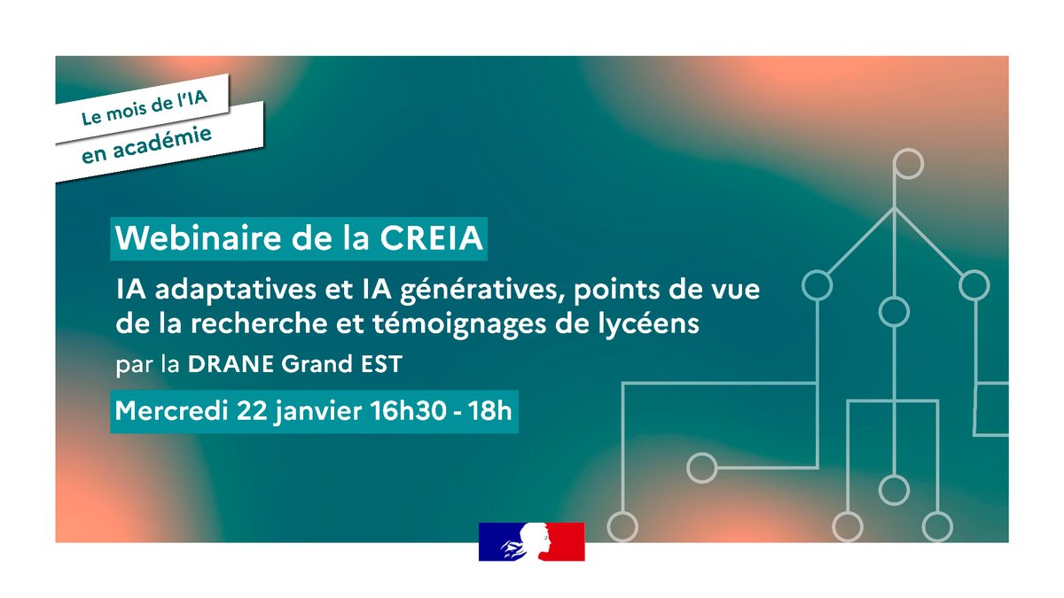 Edu_Num's tweet photo. 📢 Rappel 
Webinaire mois de l'#IA avec la #CREIA et #DRANEGrandEst 

Demain 22 janvier de 16h30 à 18h00 

✅ "IA adaptatives et IA génératives, points de vue de la recherche et témoignages de lycéens"
👉 https://t.co/F8D1Zaqo9o

Rejoignez la communauté de la #CREIA
#DNE https://t.co/UxMVmfXFBk