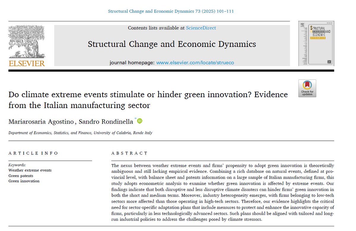 Just out: "Do climate extreme events stimulate or hinder green innovation? Evidence from the Italian manufacturing sector". We find that climate disasters hinder green innovation in the short and medium term. Time to rethink how industries adapt! 🌍💡 doi.org/10.1016/j.stru…