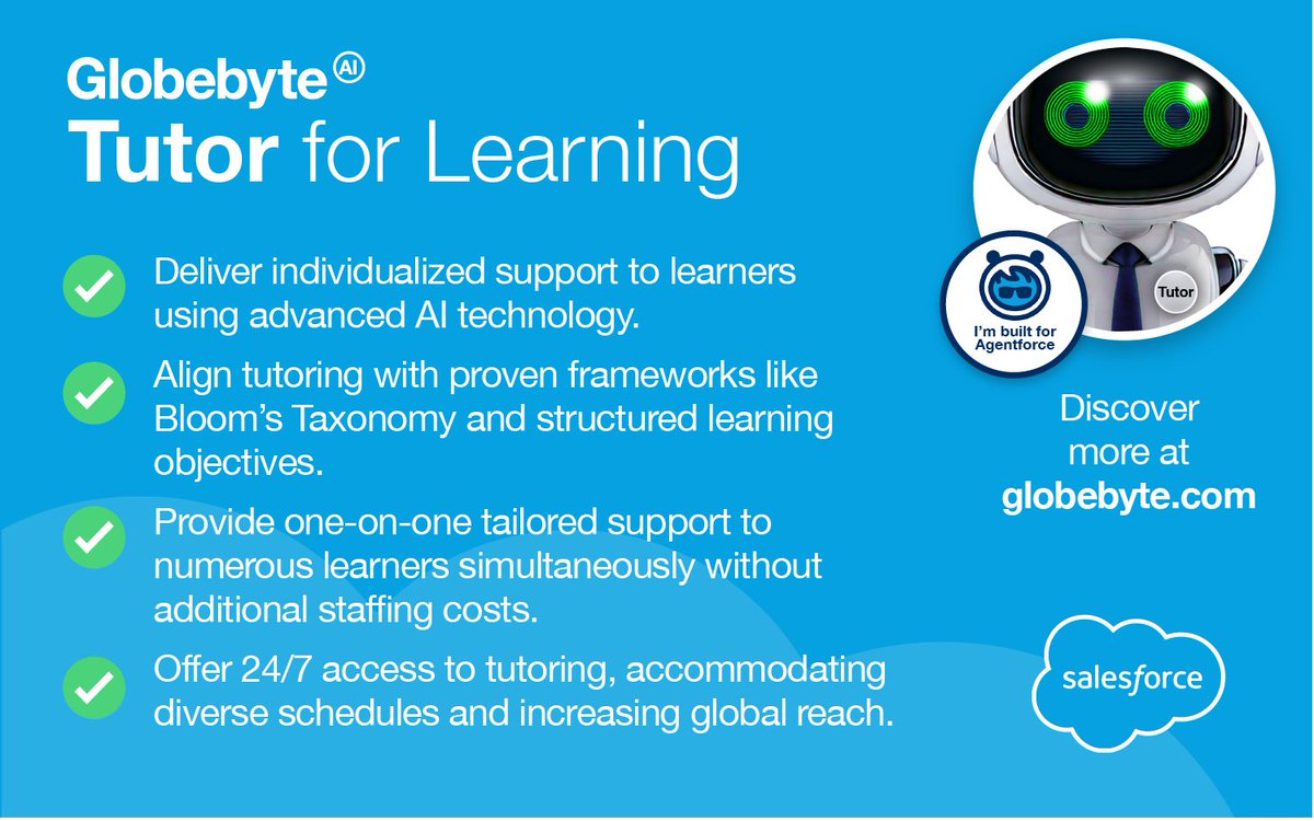 GlobebyteLondon's tweet photo. Tutor for Learning – Built for #Agentforce!

Personalized AI-Tutoring with the latest AI Security Protection.

Benefit from Einstein GPT Trust Layer features and deliver 1:1 support for each learner, ensuring every interaction is  impactful.

Learn more: https://t.co/a84dBWYb2x https://t.co/YrTFsjwT9U