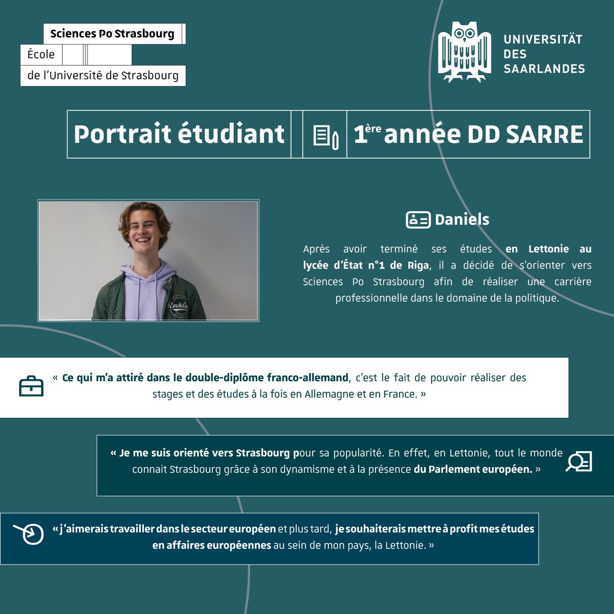 [Portraits d'étudiants👨‍🎓] Découvrez cette semaine le portrait de Daniels étudiant en 1ère année dans le double-cursus franco-allemand entre <a href="/ScPo_Strasbourg/">Sciences Po Strasbourg</a> et <a href="/Saar_Uni/">Universität Saarland</a>. Portrait détaillé ➡️
sciencespo-strasbourg.fr/websites/scien…
+ d'infos sur ce double-cursus 🗒️ sciencespo-strasbourg.fr/actualites/act…