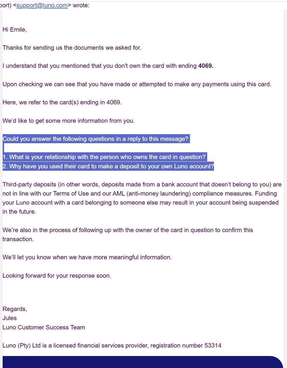 <a href="/LunoGlobal/">Luno</a> <a href="/CyrilRamaphosa/">Cyril Ramaphosa 🇿🇦</a> I can't believe these people are authorised financial service providers treating their own clients like common thieves of the OWN money??? Authorised financial service providers and you can't even go into an office of theirs or they can't even call you...