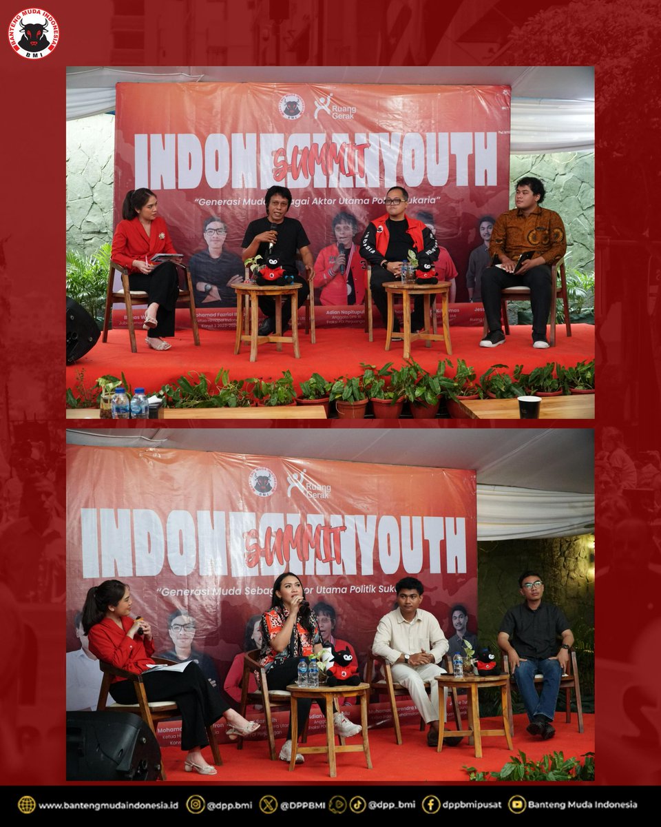 DPPBMI's tweet photo. Dewan Pimpinan Pusat Banteng Muda Indonesia (DPP BMI) bersama komunitas mahasiswa dari beberapa perguruan tinggi di Jakarta yang tergabung dalam Ruang Gerak Indonesia menggelar Indonesian Youth Summit 2025. 

Indonesian Youth Summit 2025 dengan tema "Generasi Muda sebagai Aktor Utama Politik Sukaria" menghadirkan sejumlah narasumber baik dari kalangan mulai dari mahasiswa, politisi muda, hingga aktivis 98.

#BantengMudaIndonesia
#MudaBerjuang
#GenerasiGotongRoyong
