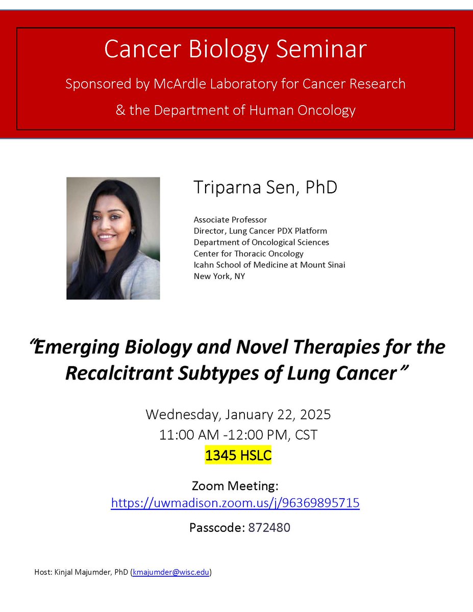 Tomorrow at 11 am CST: join in person or on Zoom for the first #cancerbiologyseminar of the year. Sponsored by  #mcardlelab . uwmadison.zoom.us/j/96369895715