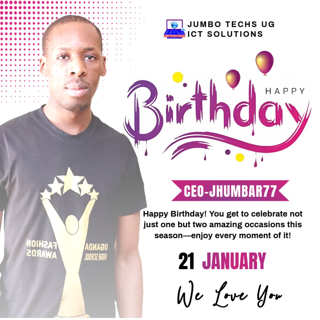 JumboTechsUg's tweet photo. #Happybirthday to our own @Jhumbar7 
CEO / DIRECTOR ICT Operations.
We are blessed by your blessing.
To more years of Grace, peace, joy , growth and development!
#jumbotechsug #jhumbar77 https://t.co/ME3Lyz7v7t