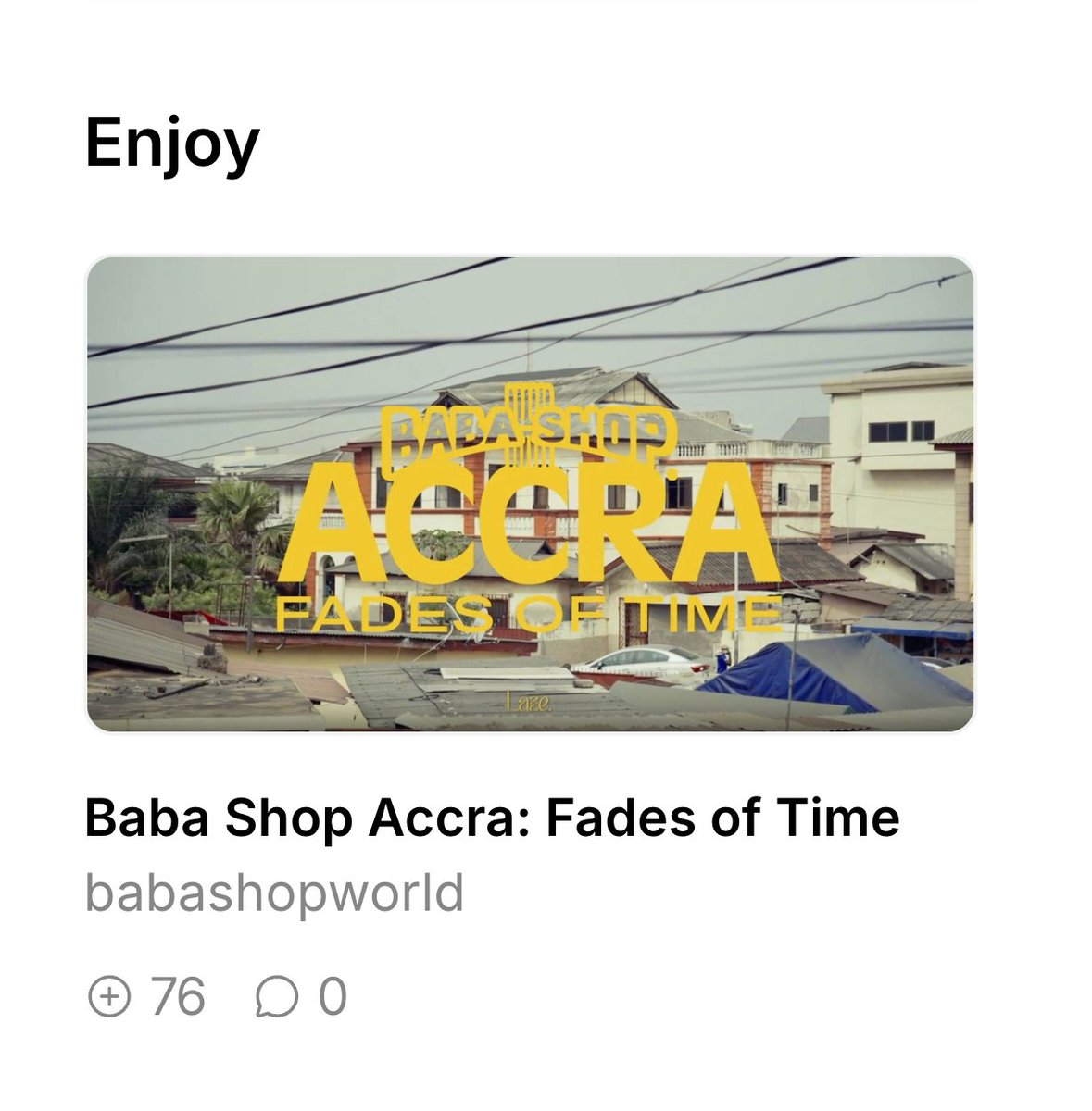I helped fund a documentary on Ghanaian culture with @babashopwrld <a href="/Energy_Onchain/">Energy</a> !

"Baba Shop Accra: Fades of Time" is still minting and has just been featured on @ourZORA &amp; <a href="/mintdotfun/">mint.fun</a>. Mints are on the rise—don’t miss out!

Huge thanks to <a href="/zak_krevitt/">žâķ</a> for the support!