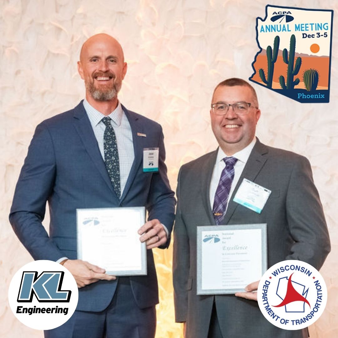 We recently got this great photo of KL’s <a href="/JSchreinerPE/">JSchreiner</a>  and <a href="/WisDOTsoutheast/">WisDOT Southeast Region</a>'s Dan Bauknecht from the <a href="/PaveConcrete/">American Concrete Pavement Association (ACPA)</a> Awards Gala in Phoenix last month. The Blair Street &amp; USH 151 reconstruction project in Madison, Wisconsin was honored there with a silver ACPA National Excellence