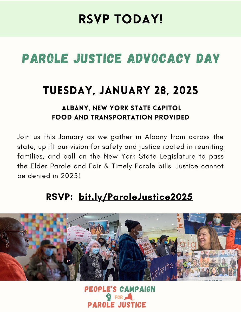Next Tuesday, constituents of more than 135 state lawmakers will be traveling to the Capitol in Albany to demand their elected reps pass Parole Justice legislation to promote safety, reunite families, and help end mass incarceration.  

RSVP to join them: bit.ly/ParoleJustice2…