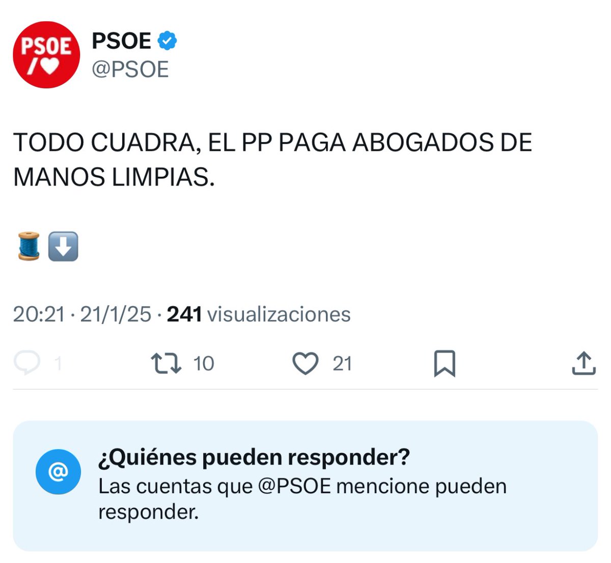 El PSOE ha decidido no dejar que le respondan a sus tuits. Básicamente está usando su modelo de libertad de expresión: ellos dicen lo que quieran y tú te callas.