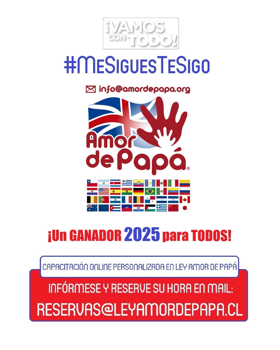 AmordePapa's tweet photo. ¡A SEGUIR CRECIENDO! 

-- FELICITACIONES a todos los PAPÁS BRITÁNICOS con quienes hemos GANADO el CUIDADO PERSONAL de sus HIJOS --

Este 2025 ¡VAMOS POR MÁS! #MeSiguesTeSigo #ReinoUnido @UKinChile 

@AmordePapa

https://t.co/JvIp16yZ1n

+INFO: reservas@leyamordepapa.cl https://t.co/PKYD9vsVxC