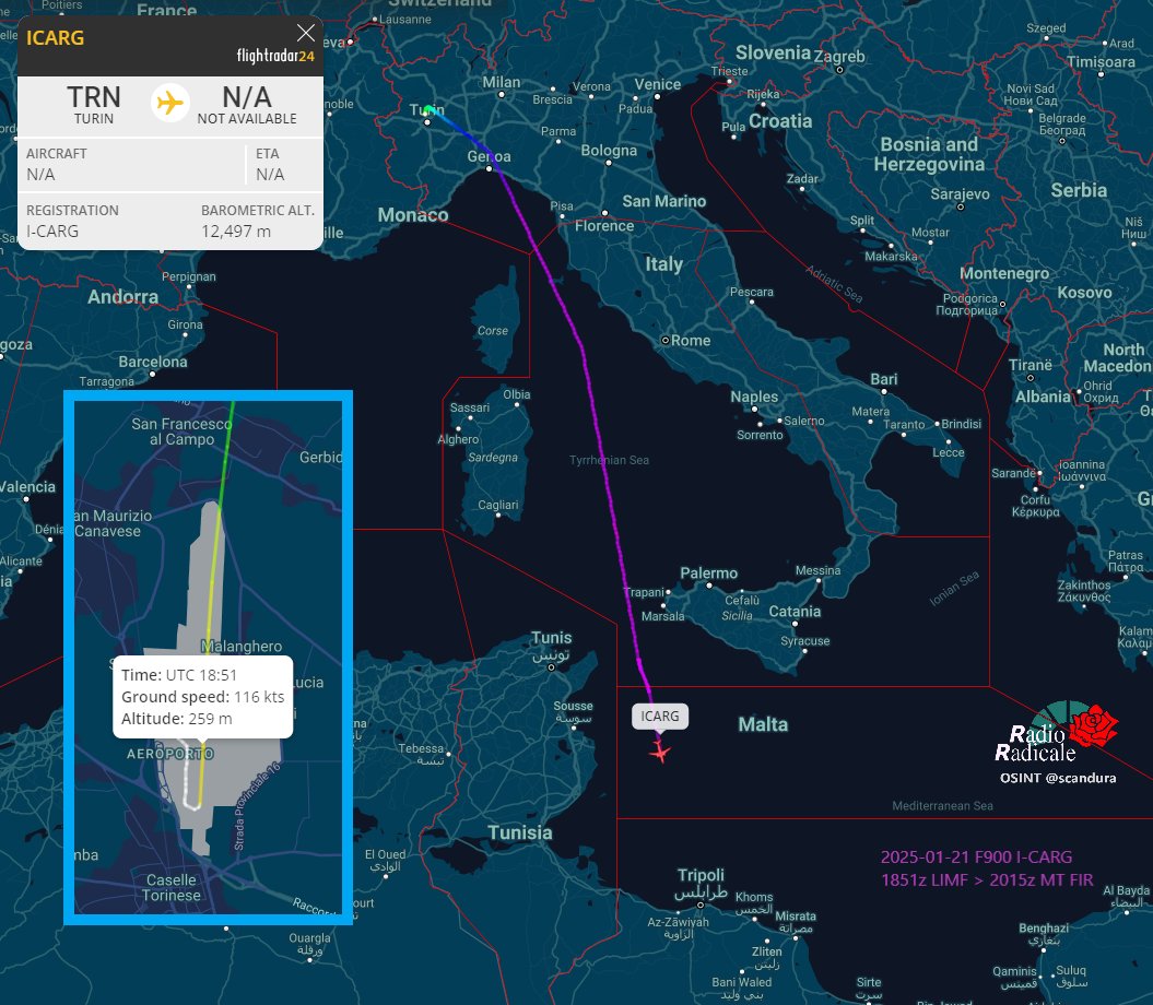 Lo stanno riportando a Tripoli con un Falcon 900 italiano decollato da Torino Caselle alle 19:51 CET.

✈️ F900 I-CARG 🇮🇹

#Almasri #Migranti #Libia #Lybia