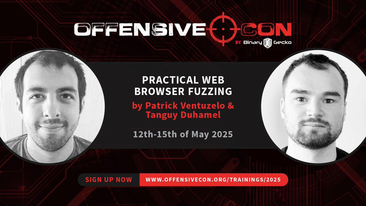 offensive_con's tweet photo. Want to learn how to effectively fuzz a browser? 

Sign up for @FuzzingLabs’ “Practical Web Browser Fuzzing” training in this year’s Offensivecon.

*Training tickets also guarantee first slots in the waiting list for conference tickets.

https://t.co/v4hxdq1e9m https://t.co/vqs5HHIh5g