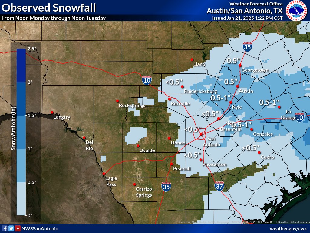 ChikageWeather's tweet photo. How much snow fell? (Includes sleet)
Here’s a map courtesy @NWSSanAntonio !
#txwx #atxwx #atxsnow https://t.co/2WgN9M0bjw