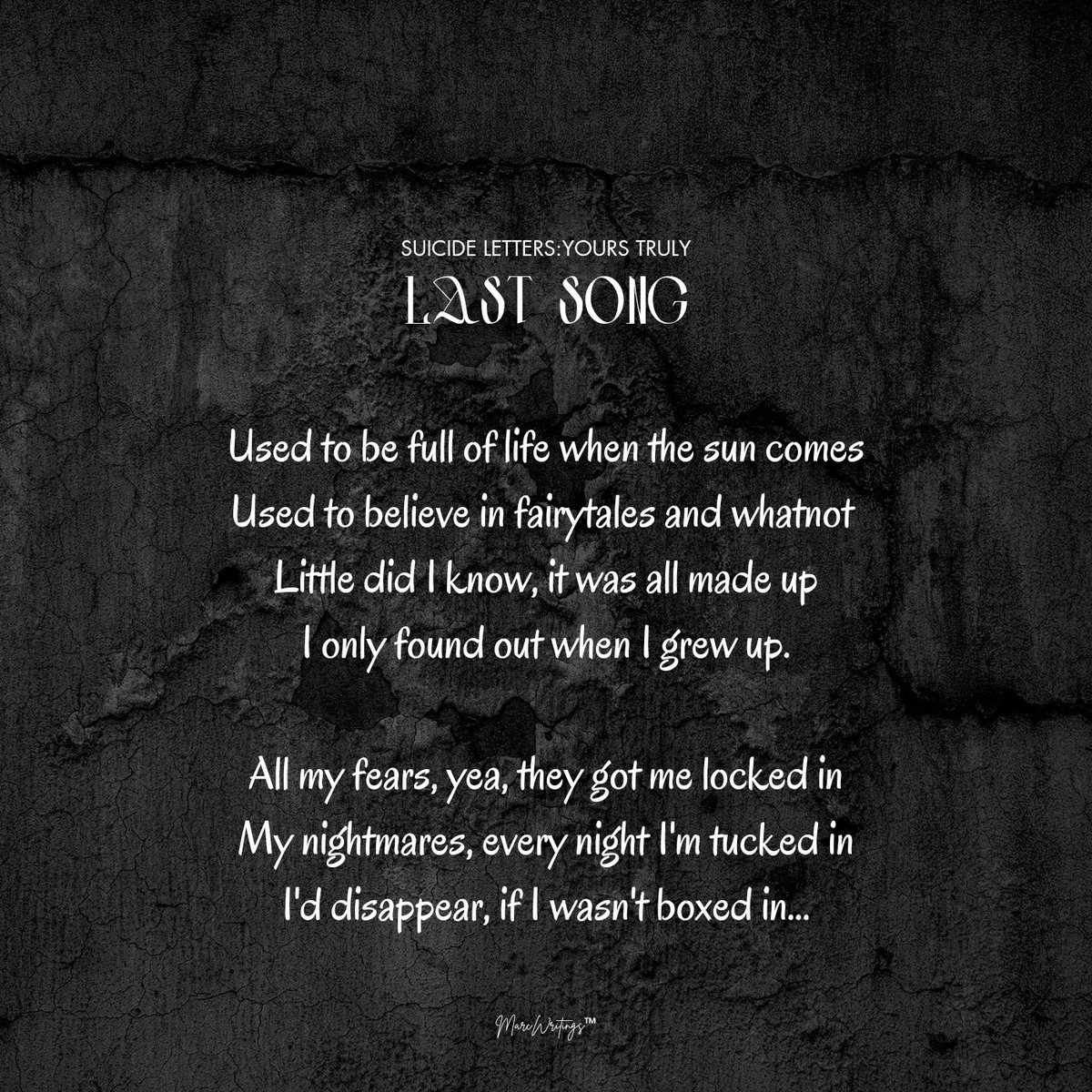 marcwritings's tweet photo. Last Song! 😶
https://t.co/fUNK5giQuk

#marcwritings #suicideletters #yourstruly #lastsong #depression #extendedlyrical #justlyrics #wordpress #twitter #lyricist #songwriter #iwrite #poetry #music #homepage #explorepage #viral #trending #marcwrotethis #marcmywords https://t.co/YFDDf2Qx00