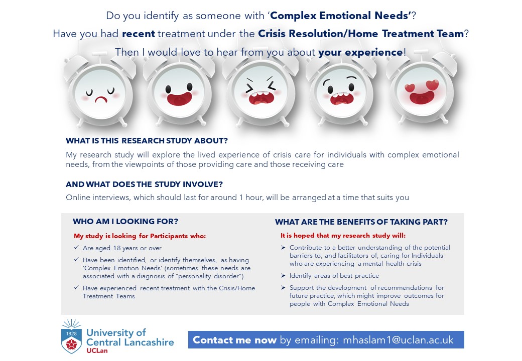 Participants needed for my research study!! 
I'd love to hear from those who have recently received treatment from a CRHT team. Looking specifically for people who experience challenges commonly associated with the diagnosis of 'Personality Disorder' (diagnosis not necessary!)