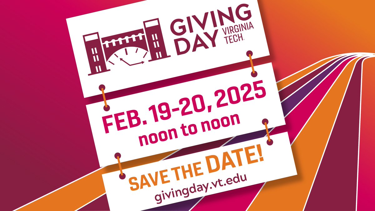🗓️🤩 Save the date! #VTGivingDay is less than one month away!

Join us Feb. 19-20 for Giving Day, a 24-hour giving event that brings together Hokies from all around the world to support the things they love about #VirginiaTech.

🧡 givingday.vt.edu
