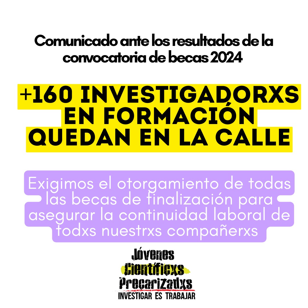 JcpBuenosaires's tweet image. Comunicado de JCP ante la publicación de los resultados de la convocatoria de becas 2024 del #CONICET 👇🧵