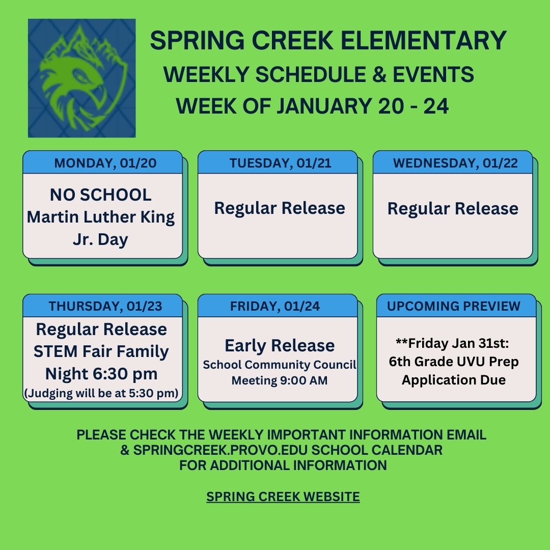 SpringCreekPCSD's tweet photo. Important Information &amp; Dates for week of January 20th:
https://t.co/IWPUMvEoDA
Información y fechas importantes para la semana del 20 de enero: https://t.co/tPew3tWuJE