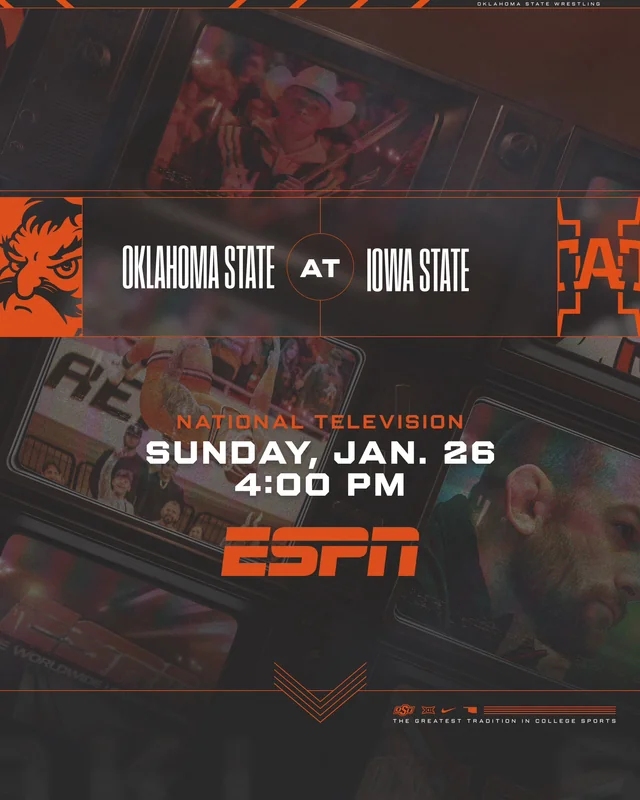 WrestlingSNL's tweet photo. Cowboys. Cyclones. ESPN.

Oklahoma State takes on Iowa State this Saturday, January 26th, in a nationally televised dual on ESPN. https://t.co/CQfz5Kqawo