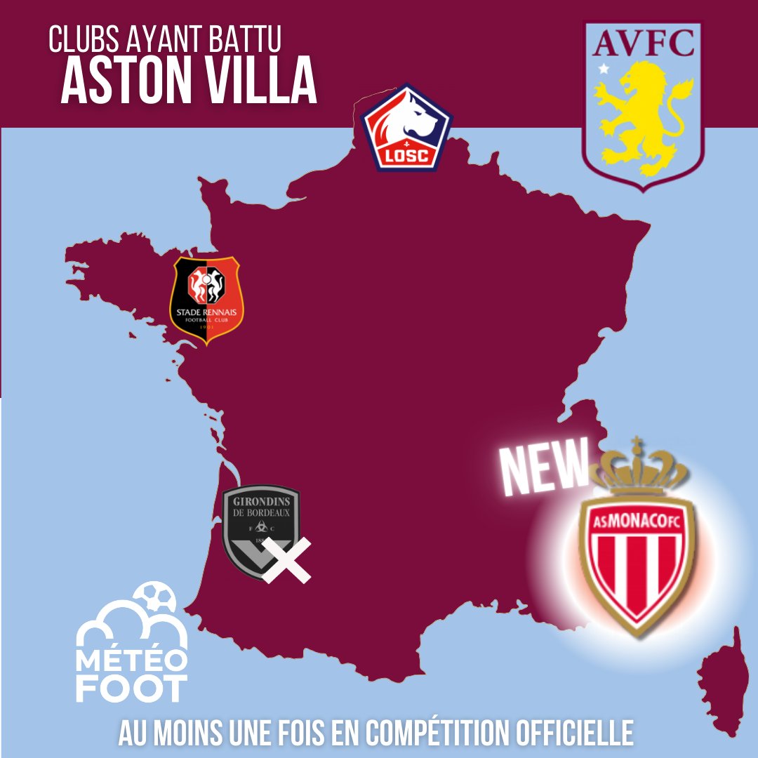 MeteoFootMaps's tweet photo. 🔴⚪️ NEW !

L'AS Monaco BAT Aston Villa se QUALIFIE au moins pour les playoffs et rentre sur cette carte des clubs français ayant BATTU Aston Villa dans leur Histoire en match officiel !

Bravo @AS_Monaco !

#Ligue1 #ASMAVL #UCL https://t.co/jwQR2dUReQ