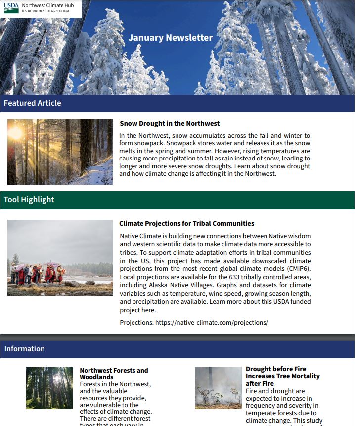 Snow drought, climate projections for Tribal communities, La Niña in the Northwest and more - the January issue of the Northwest Climate Hub's newsletter is now available - climatehubs.usda.gov/hubs/northwest….