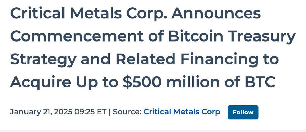 AshCrypto's tweet photo. 🇺🇸 Nasdaq listed Critical Metals Corp
to buy up to $500 MILLION in Bitcoin.

TRUMP pump have already started 🔥 https://t.co/Krmhx7af6O