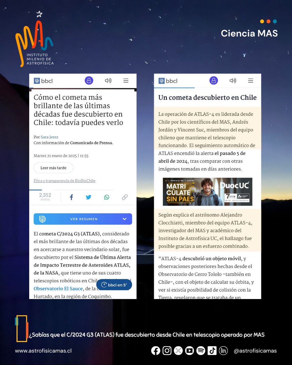 ¿Sabías que el cometa C/2024 G3 (ATLAS), considerado el más brillante de las últimas dos décadas en acercarse a nuestro vecindario solar, fue descubierto por el telescopio ATLAS-4 operado por <a href="/astrofisicaMAS/">MAS</a>. Así lo destacan en <a href="/laterceracom/">La Tercera</a> y <a href="/biobio/">BioBioChile</a>   

astrofisicamas.cl/cometa-mas-bri…