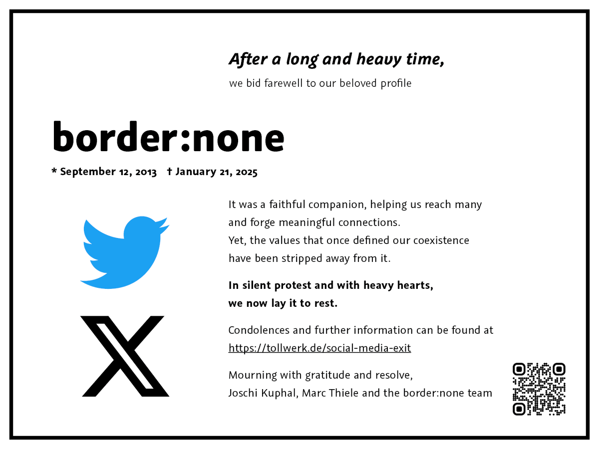 border_none's tweet image. After 11+ years, we’re discontinuing this account as X's values no longer align with ours. We stand for respect, openness, and tolerance. Follow mastodon.social/@jkphl and mastodon.social/@marcthiele for border:none updates. More at tollwerk.de/social-media-e… (German). Thanks for all!