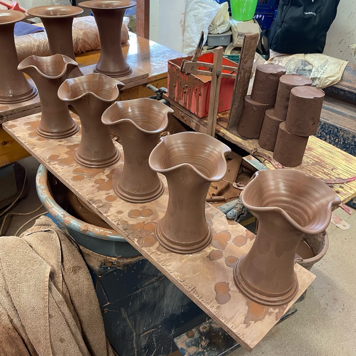 Throwing today away with some of the most challenging work to date; “small” vases. Humbly I think they pass muster, and I have three “medium” vases I’ll share tomorrow.
