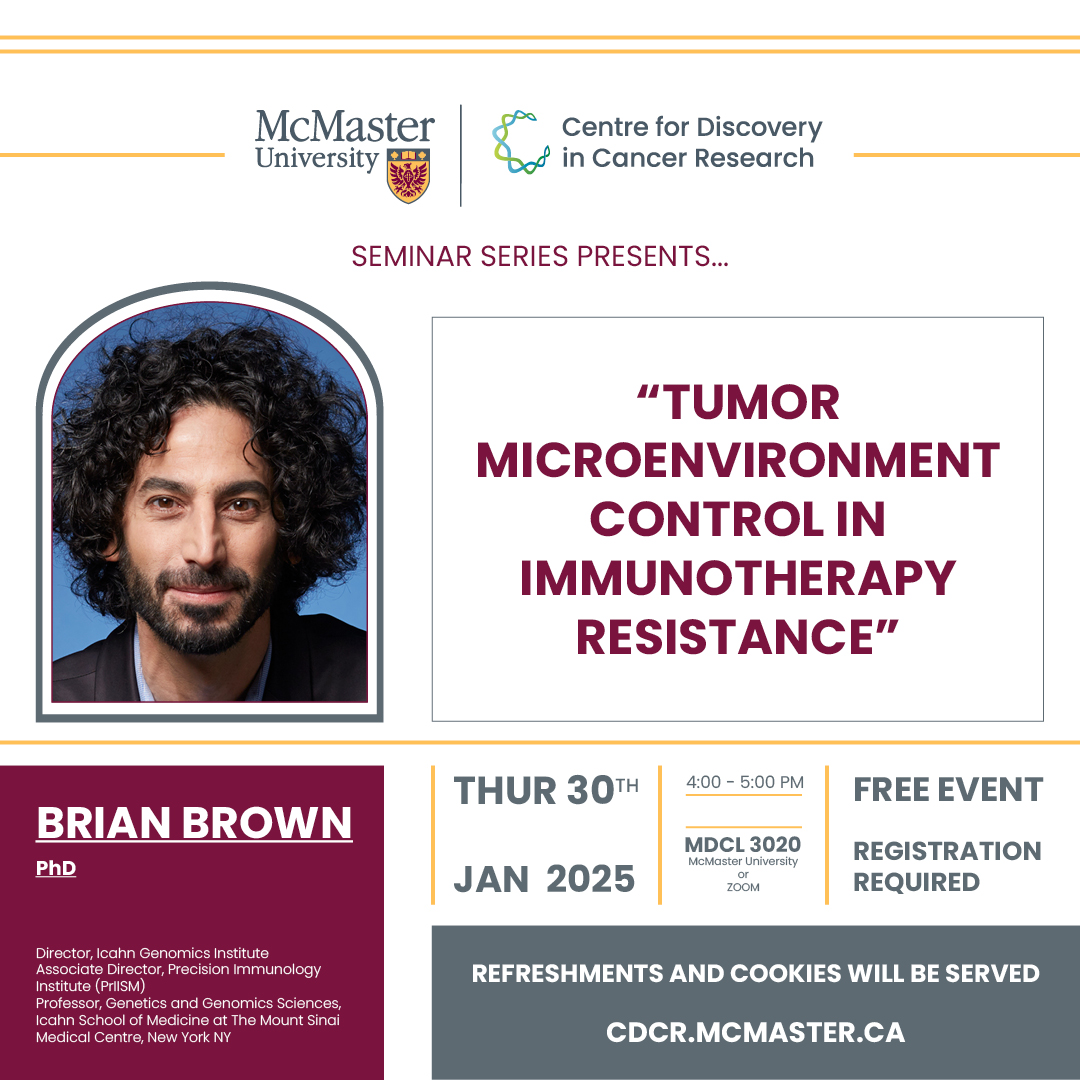 Centre for Discovery in Cancer Research (@cdcr_mac) on Twitter photo Join us for our November #CDCRSeminar with speaker: Dr. Brian Brown from <a href="/IcahnInstitute/">Icahn Genomics Institute</a>!
📅 Thursday, January 30, 2025 at 4pm
📍 MDCL 3020 or Zoom
🔗cdcr.mcmaster.ca/events/cdcr-se… Join us for our November #CDCRSeminar with speaker: Dr. Brian Brown from <a href="/IcahnInstitute/">Icahn Genomics Institute</a>!
📅 Thursday, January 30, 2025 at 4pm
📍 MDCL 3020 or Zoom
🔗cdcr.mcmaster.ca/events/cdcr-se…