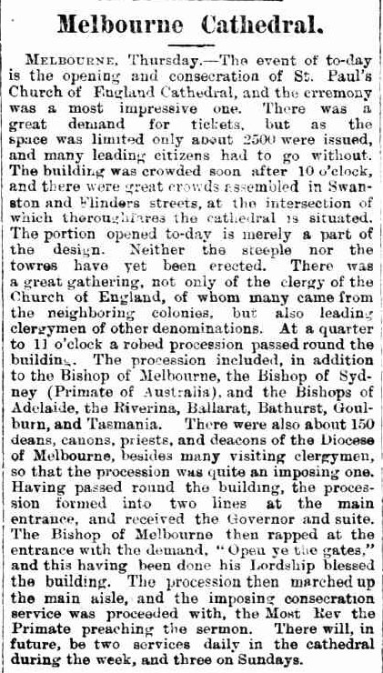 AustAnglican's tweet photo. 22 January 1891: consecration of St Paul's Cathedral in Melbourne "The event of to-day" Tickets limited to 2500, so Flinders and Swanston Streets were crowded. #anglican @StPaulsCathMelb #134years Report: https://t.co/ZNuSwEYztj
