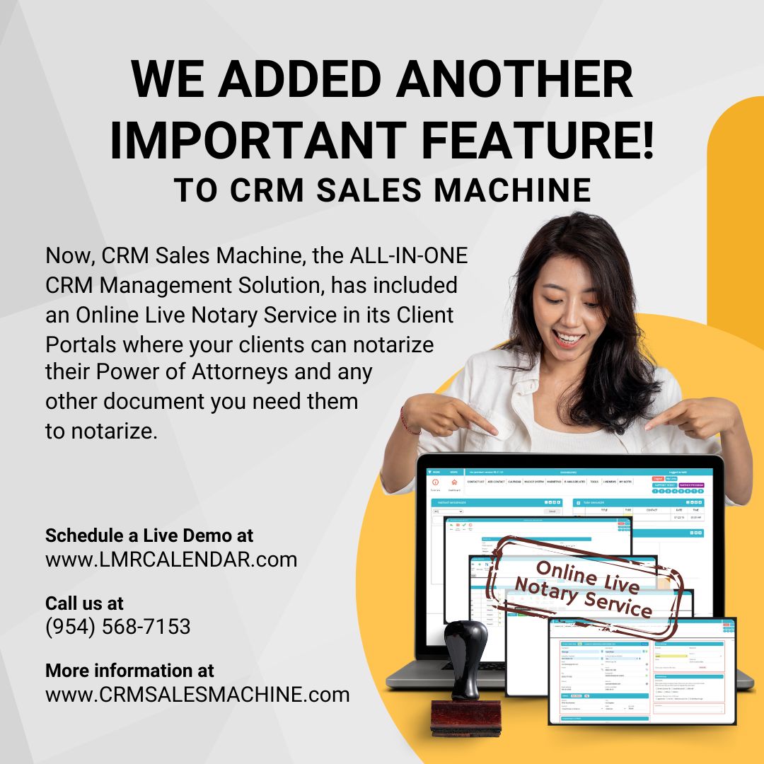 LMRINTL's tweet image. Simplify your workflow with our Online Notary Service, built right into your CRM! Notarize documents securely and hassle-free. Visit CRMSalesMachine.com to learn more

#CRM #CRMSoftware #CRMProgram #CRMSystem #VASystem #OnlineNotaryService #CustomerRelationshipManagement