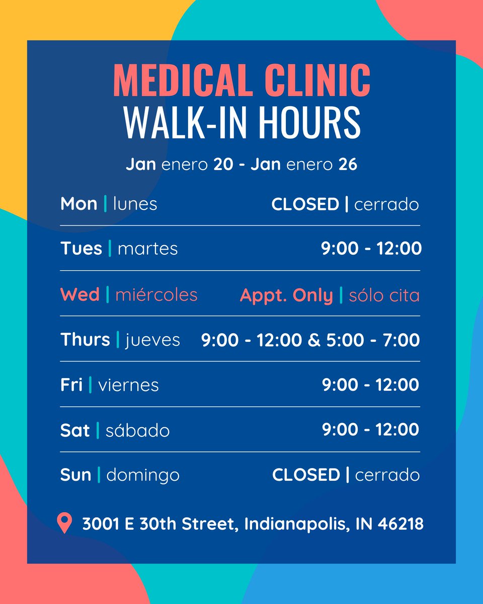 ‼️ WEEKLY HOURS UPDATE‼️ These hours are walk-in hours ONLY for the GFC Medical Clinic inside of the St. Vincent de Paul Food Pantry at 3001 E. 30th Street, Indianapolis, IN 46218. See you there!