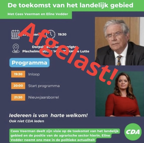 Helaas heeft het bestuur van CDA Overijssel moeten besluiten om de bijeenkomst over de toekomst van het landelijk gebied niet door te laten gaan op donderdag 23 januari in De Lutte. Recent is in Duitsland mond-en-klauwzeer uitgebroken. In ons land wordt alles op alles gezet om te