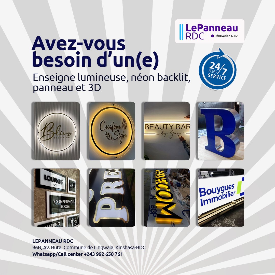 jonzita082's tweet image. LePanneau RDC
Besoin d'une enseigne lumineuse (publicité) pour optimiser ta clientèle, prière de contacter dès maintenant LePanneau RDC
Avantages : 
Simulation gratuite, 
Pas de transport à la charge du client, 
Pas de surfacturation, et
Un suivi périodique
#PanneauLED
#enseigne