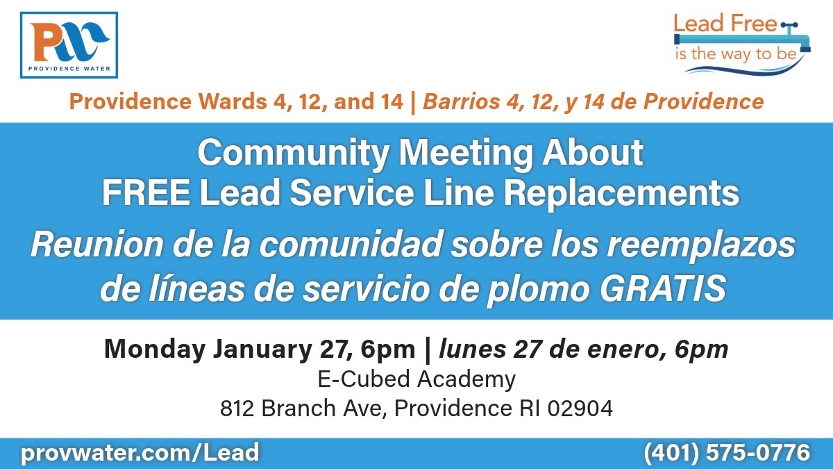 CityofProv's tweet photo. Your home may be eligible for a FREE lead service line replacement! Join @Provwater's upcoming community meeting to learn more about the Accelerated Lead Service Line Replacement Program in Providence Wards 4, 12, and 14. https://t.co/d6sdYp2wX7