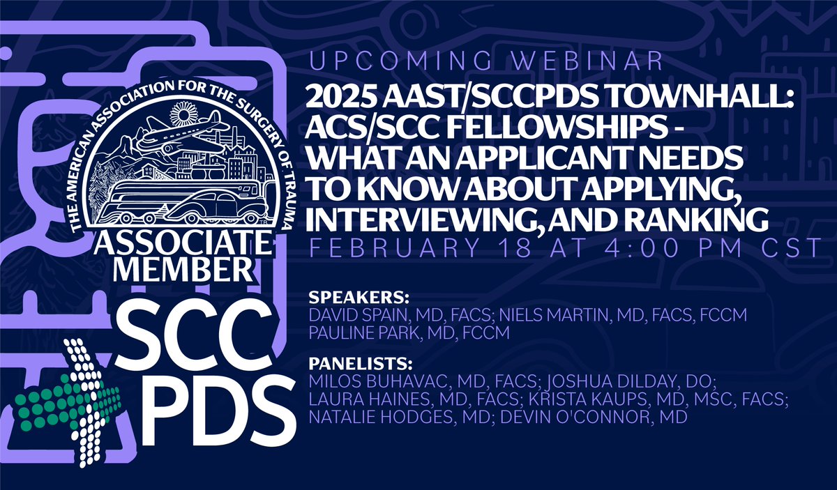 AAST Associate Members (@traumadoctorsam) on Twitter photo Thinking about a Trauma/Surgical Critical Care fellowship?🚨
Don’t miss the 2025 AAST/SCCPDS Fellowship Townhall on Feb 18th at 4:00 PM CST! 💻✨
📌 Topics: Finding your fit, one- vs two-year fellowships, AAST ACS programs, and more!
🎙️ Featuring: <a href="/DavidASpain/">David Spain</a> | Thinking about a Trauma/Surgical Critical Care fellowship?🚨
Don’t miss the 2025 AAST/SCCPDS Fellowship Townhall on Feb 18th at 4:00 PM CST! 💻✨
📌 Topics: Finding your fit, one- vs two-year fellowships, AAST ACS programs, and more!
🎙️ Featuring: <a href="/DavidASpain/">David Spain</a> |