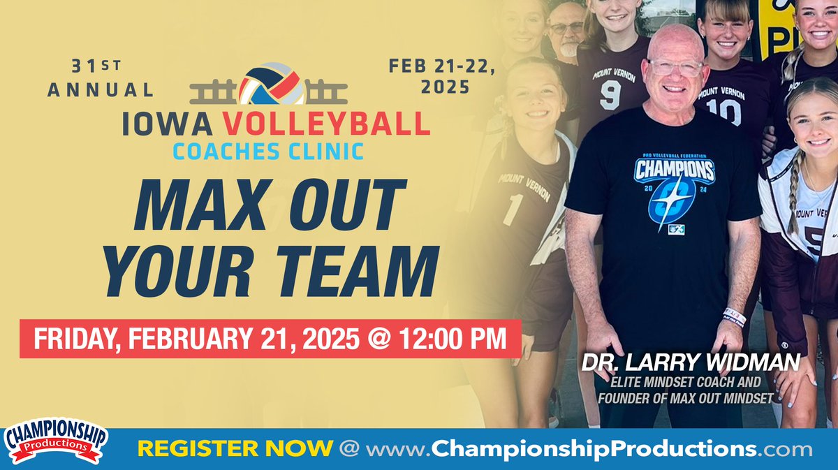 Championship Volleyball Instruction- Videos/Clinic (@champvball) on Twitter photo 🔥The Iowa Volleyball 🏐Coaches Clinic begins in one month from today‼️<a href="/Doc_elitemind/">Dr. Larry Widman</a> - Elite Mindset Coach & the Founder of Max Out Mindset leads us on his 2nd (of 2 sessions) at noon with ''Max Out Your Mind!"💡We cannot wait!! 🌟🌟🌟🌟
⬇️Register here: 🔥The Iowa Volleyball 🏐Coaches Clinic begins in one month from today‼️<a href="/Doc_elitemind/">Dr. Larry Widman</a> - Elite Mindset Coach & the Founder of Max Out Mindset leads us on his 2nd (of 2 sessions) at noon with ''Max Out Your Mind!"💡We cannot wait!! 🌟🌟🌟🌟
⬇️Register here:
